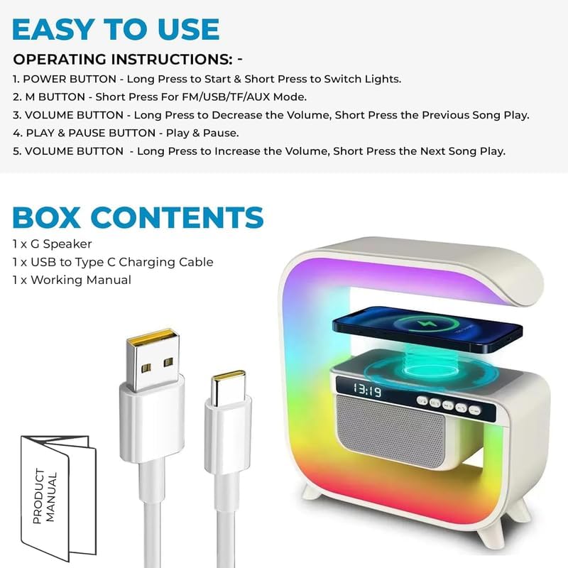 Ridhimani G-Shape RGB Light Multifunctional Bluetooth Speaker with Wireless Charging, Alarm Clock, FM Radio and Atmosphere Lamp