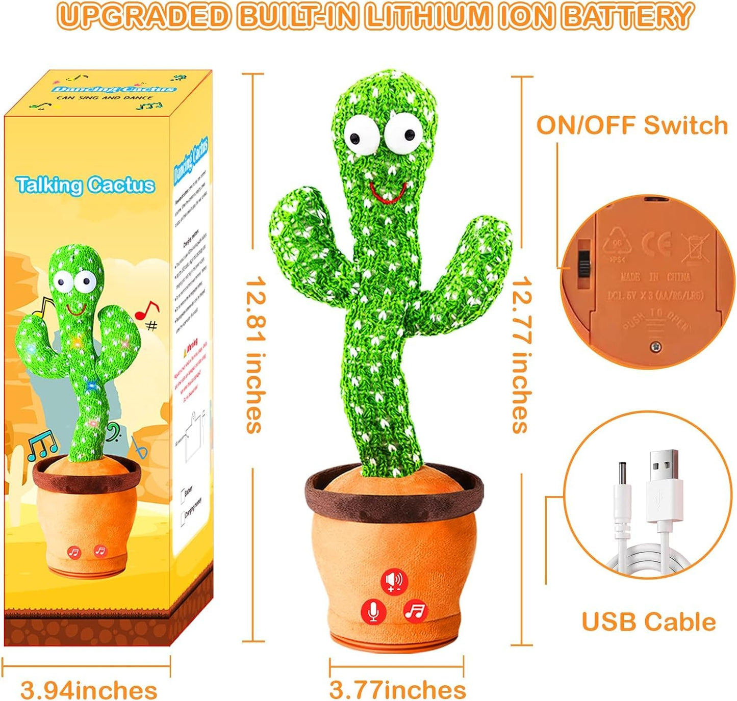 Ridhimani Dancing & Singing Cactus Plush Toy with USB Charging, Interactive Funny Cactus (Green)