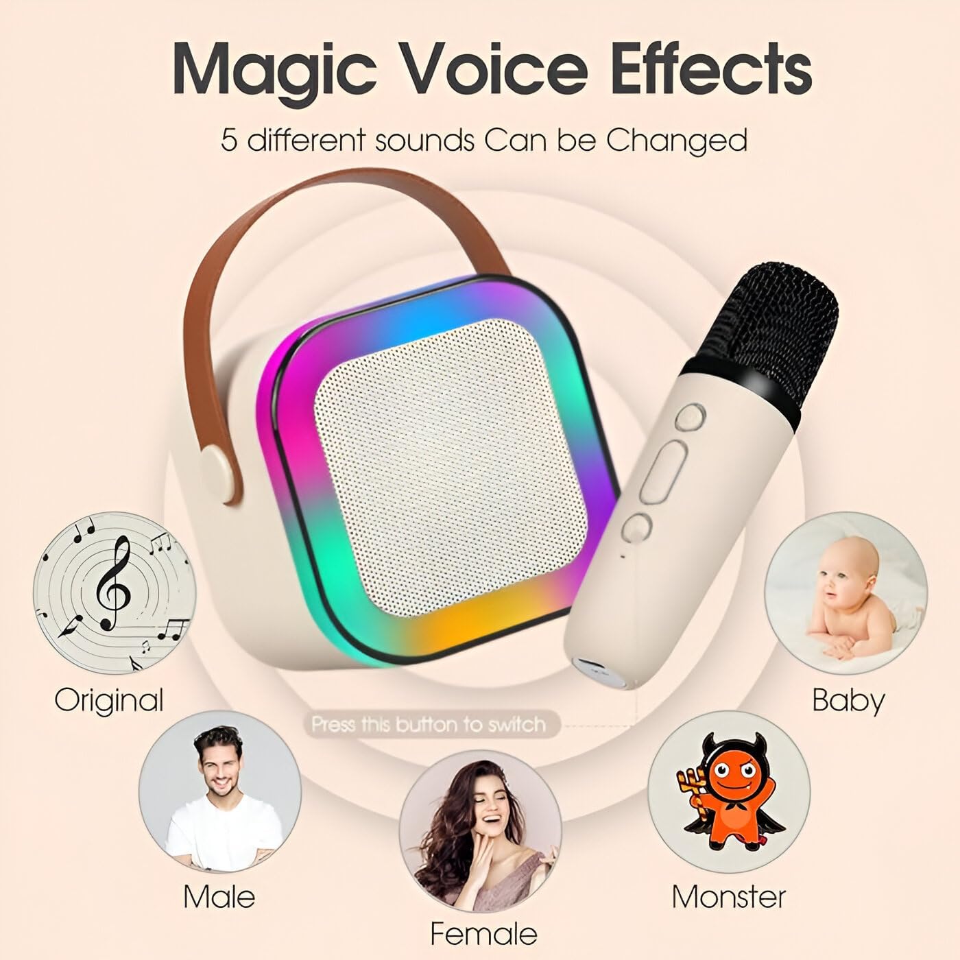 Ridhimani K12 Wireless Karaoke Bluetooth Mic with Speaker for Kids, RGB Lighting and Multi-Compatibility Modes