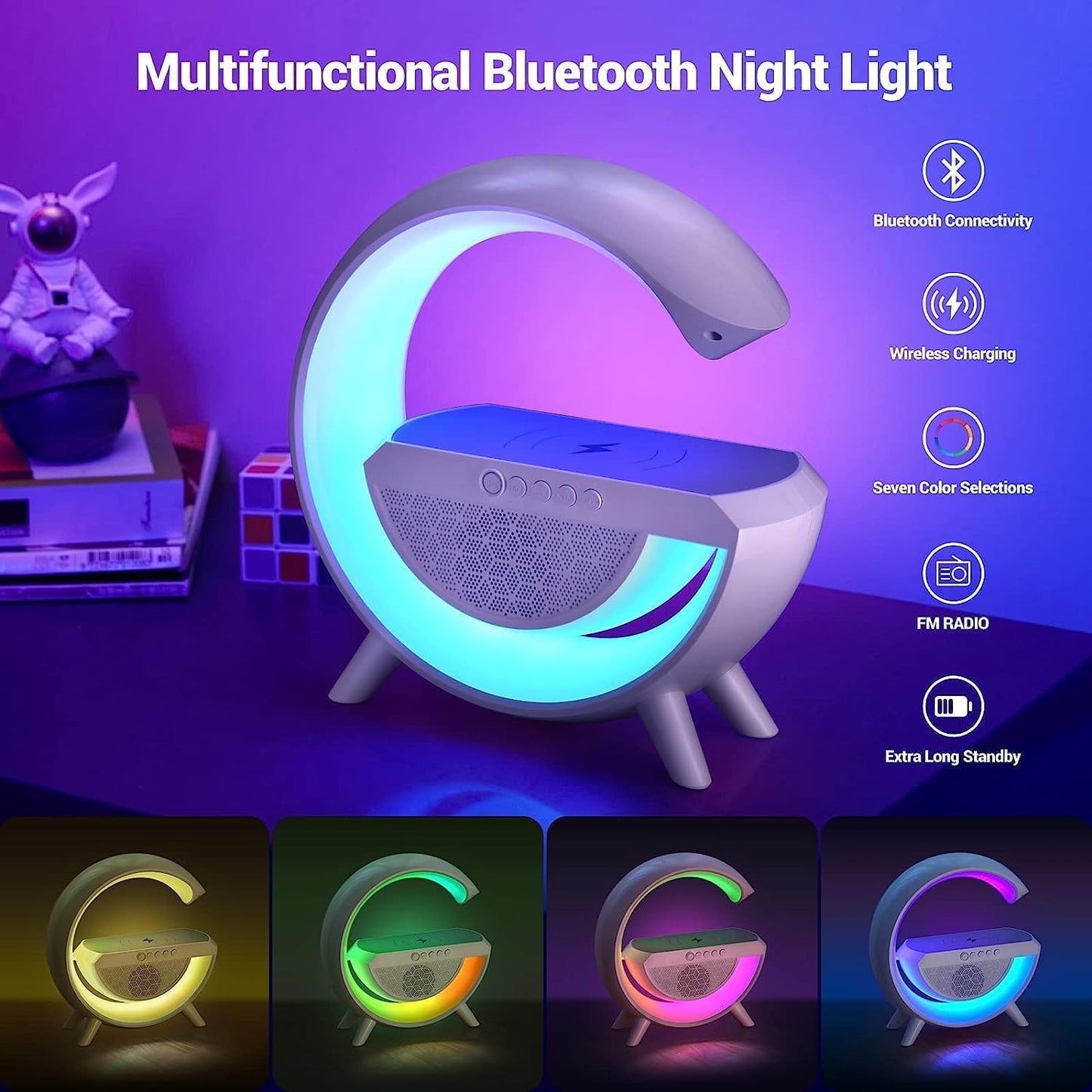 Ridhimani G-Shape RGB Light Multifunctional Bluetooth Speaker with Wireless Charging, Alarm Clock, FM Radio and Atmosphere Lamp