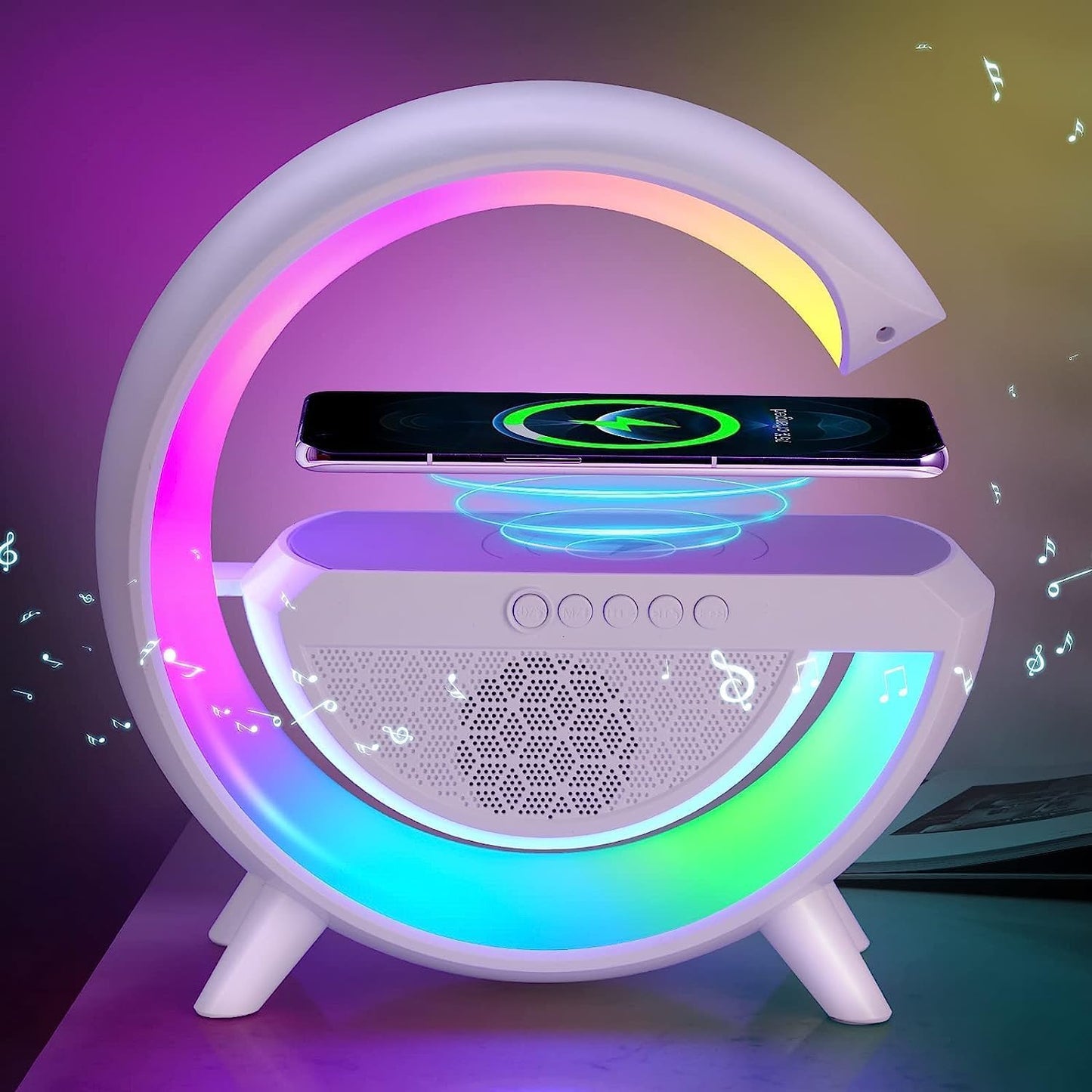 Ridhimani G-Shape RGB Light Multifunctional Bluetooth Speaker with Wireless Charging, Alarm Clock, FM Radio and Atmosphere Lamp