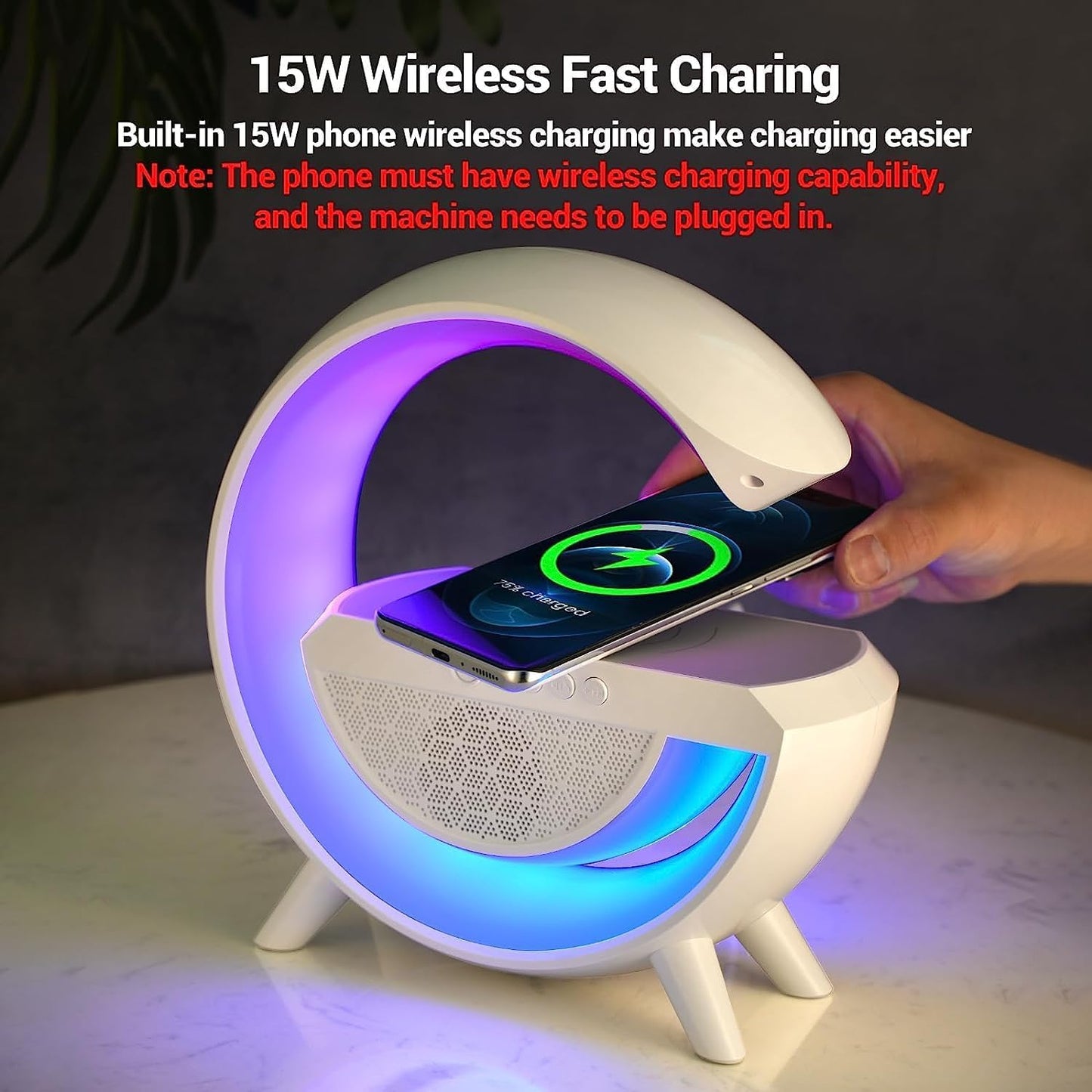Ridhimani G-Shape RGB Light Multifunctional Bluetooth Speaker with Wireless Charging, Alarm Clock, FM Radio and Atmosphere Lamp