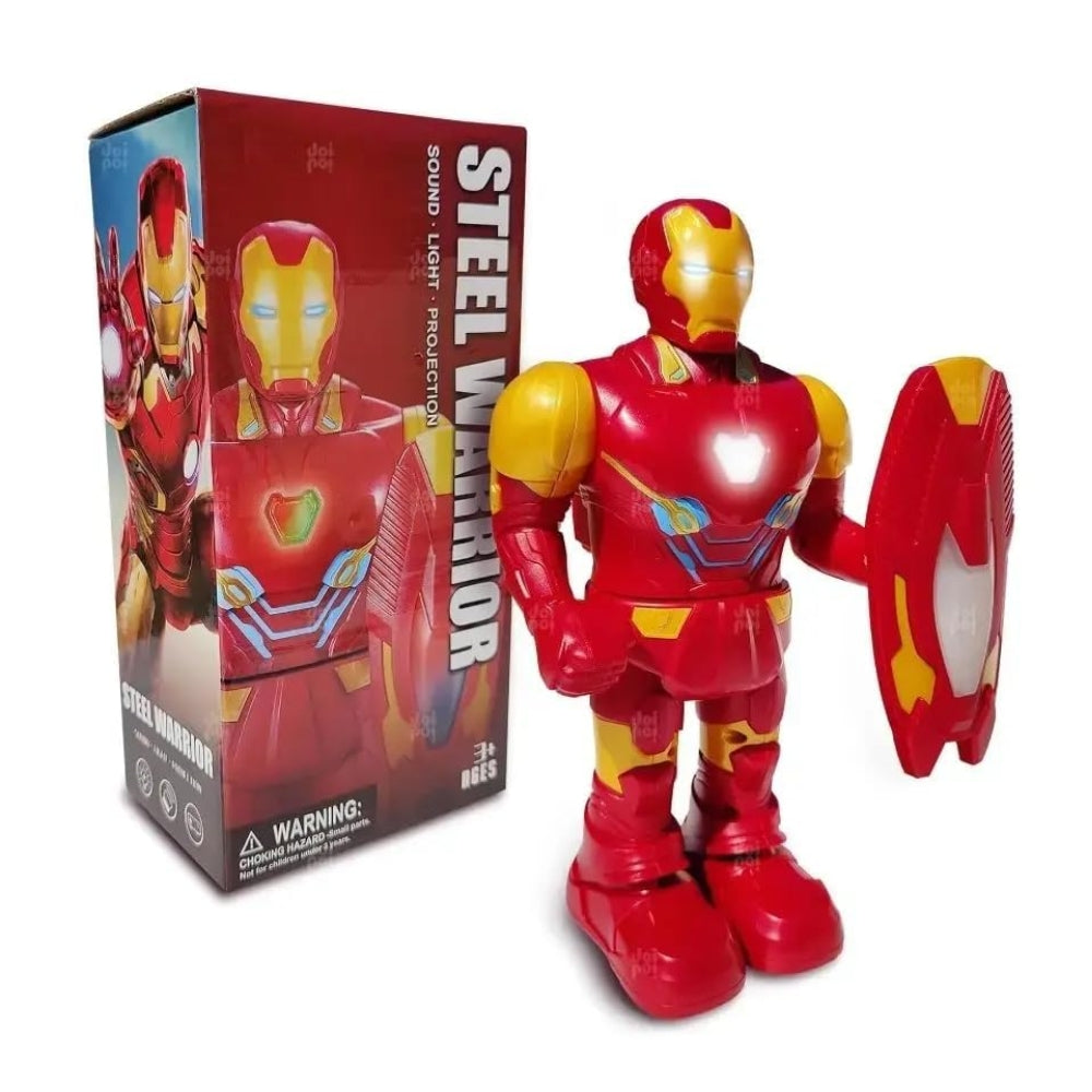 Ridhimani Steel Warrior Iron Man Superhero Walking Action Figure Toy with Shield | Sound, Light & Projection for Kids Boys