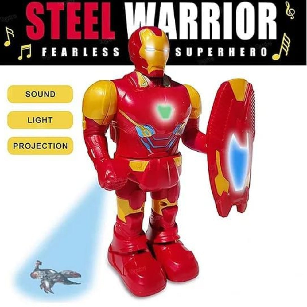Ridhimani Steel Warrior Iron Man Superhero Walking Action Figure Toy with Shield | Sound, Light & Projection for Kids Boys