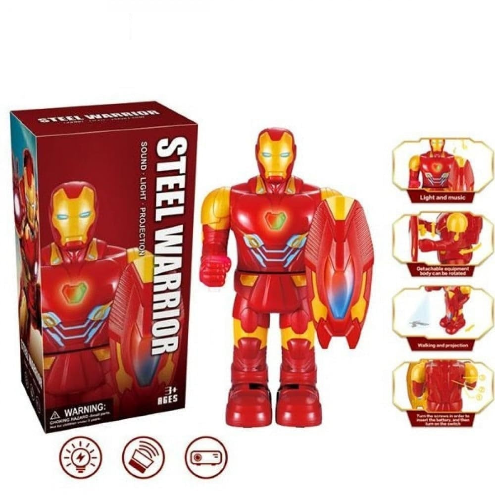 Ridhimani Steel Warrior Iron Man Superhero Walking Action Figure Toy with Shield | Sound, Light & Projection for Kids Boys