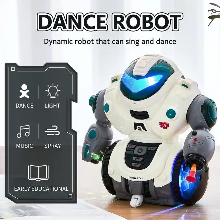 Dance Spray Robot, Missile Shooting Walking Revolving Dancing Robot Toy for Kids with Lights & Music