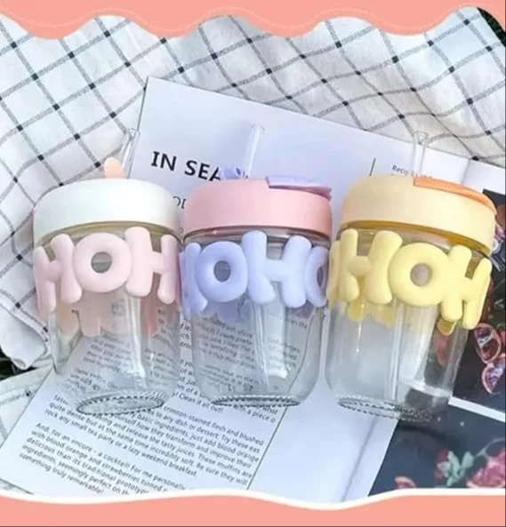 Oho HoHo Reusable Coffee Glass Mug Tumbler Sipper with Lid & Straw