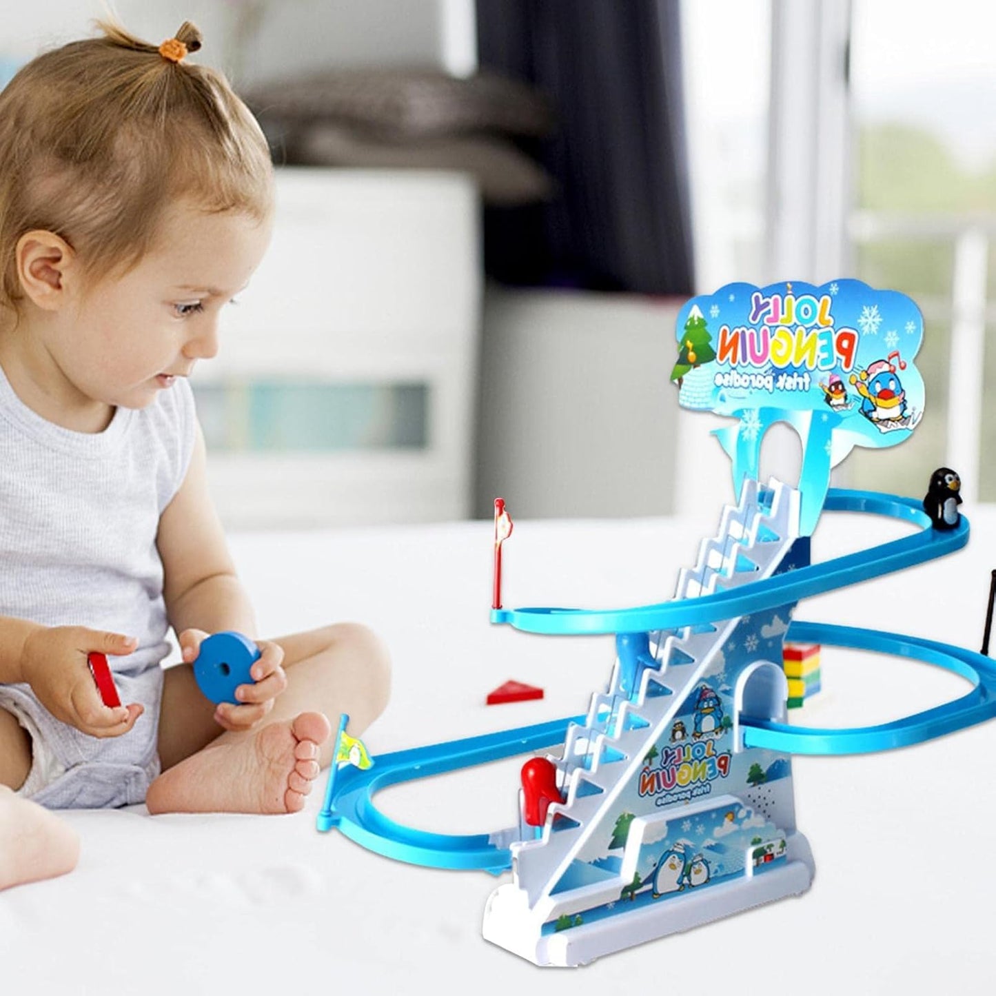 Big Size Jolly Penguin Slide Toy Set, Funny Automatic Stair-Climbing Cartoon Race Track Set Large Lovely Penguin Slide Toy Escalator Toy with Music