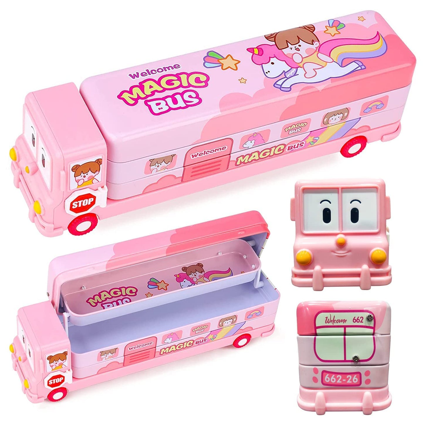 Metal Double Decker Magic Bus Shape Pencil Box for Kids with Moving Tyres & 3 Compartments