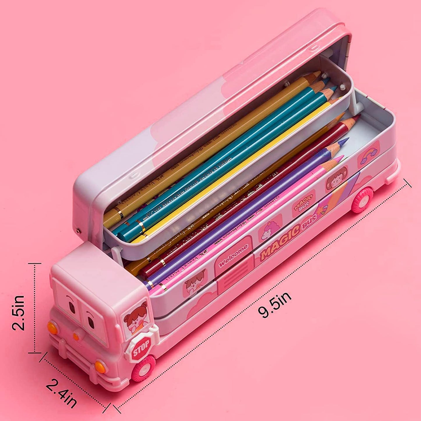 Metal Double Decker Magic Bus Shape Pencil Box for Kids with Moving Tyres & 3 Compartments