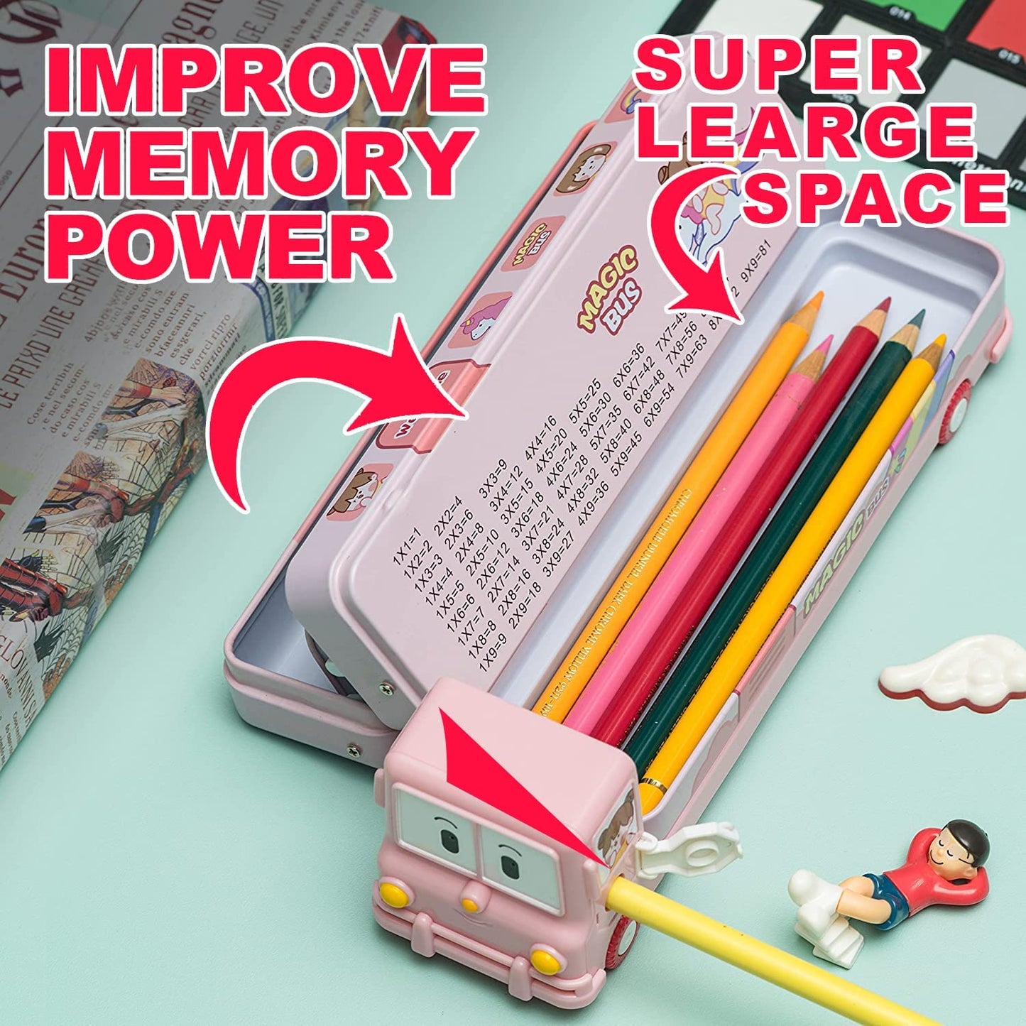 Metal Double Decker Magic Bus Shape Pencil Box for Kids with Moving Tyres & 3 Compartments