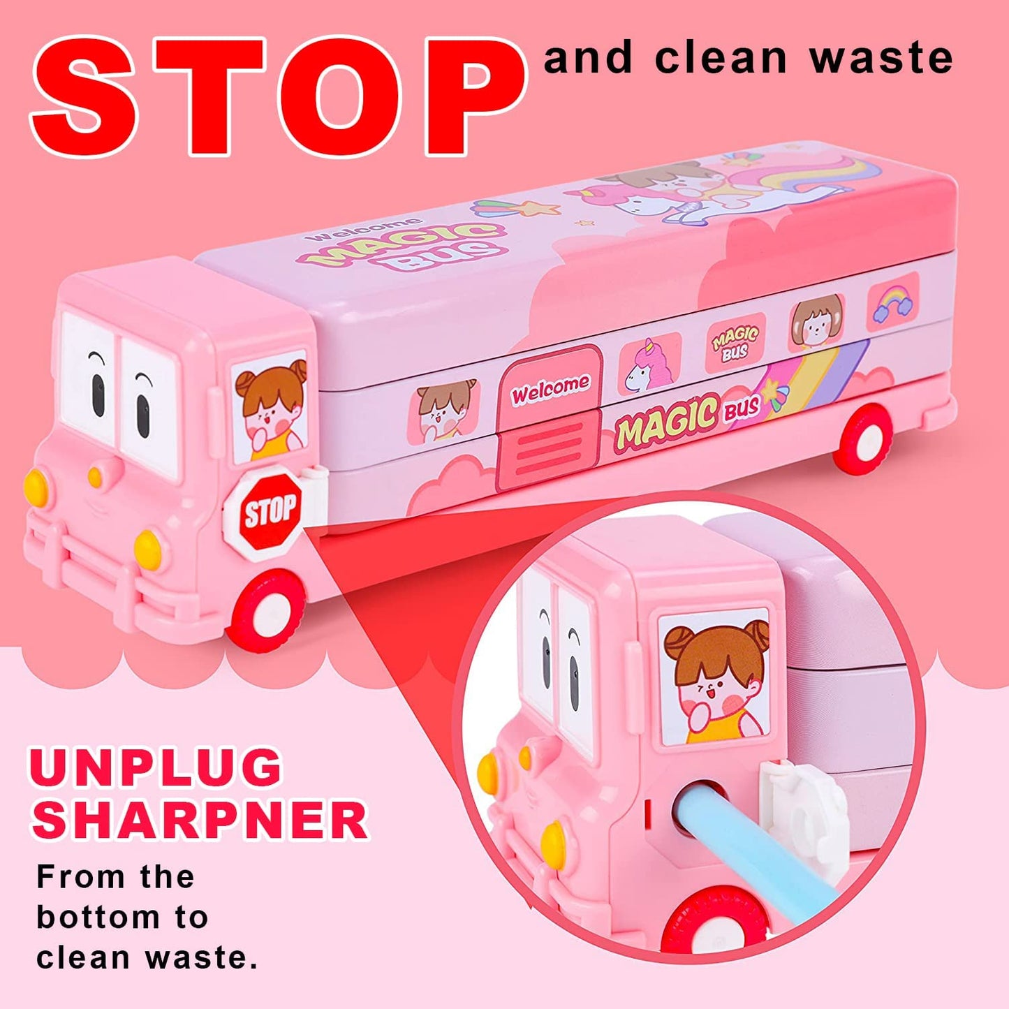 Metal Double Decker Magic Bus Shape Pencil Box for Kids with Moving Tyres & 3 Compartments