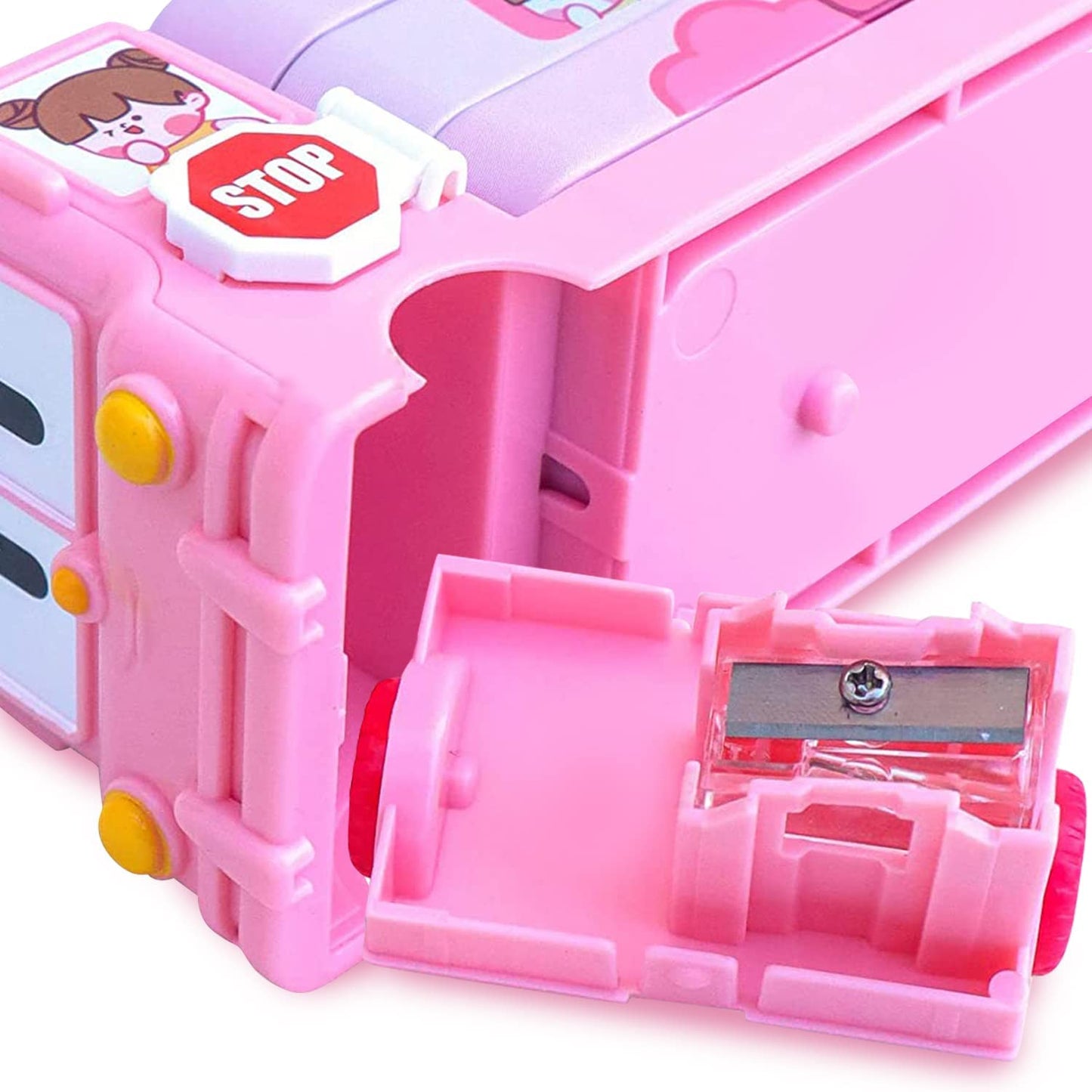 Metal Double Decker Magic Bus Shape Pencil Box for Kids with Moving Tyres & 3 Compartments
