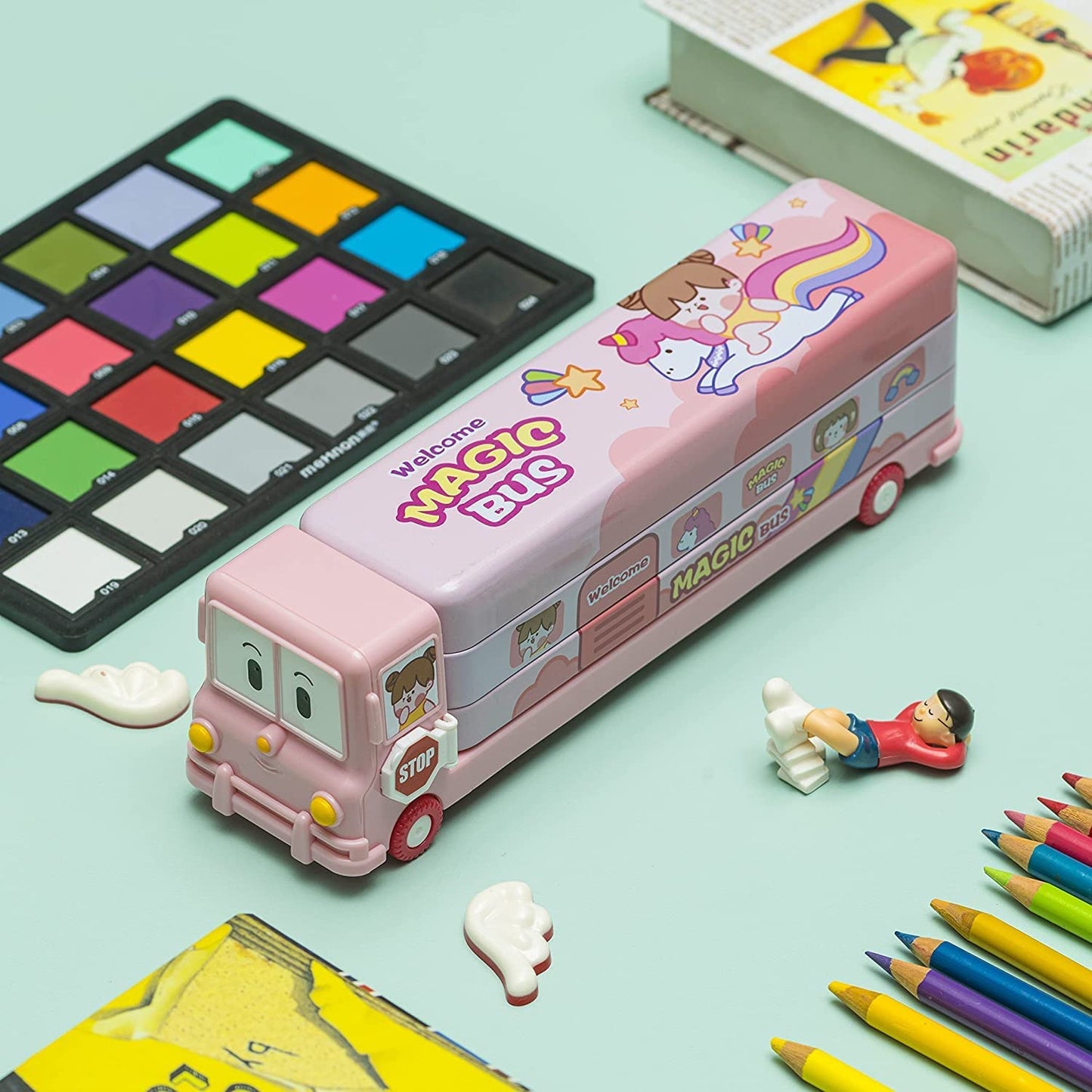 Metal Double Decker Magic Bus Shape Pencil Box for Kids with Moving Tyres & 3 Compartments