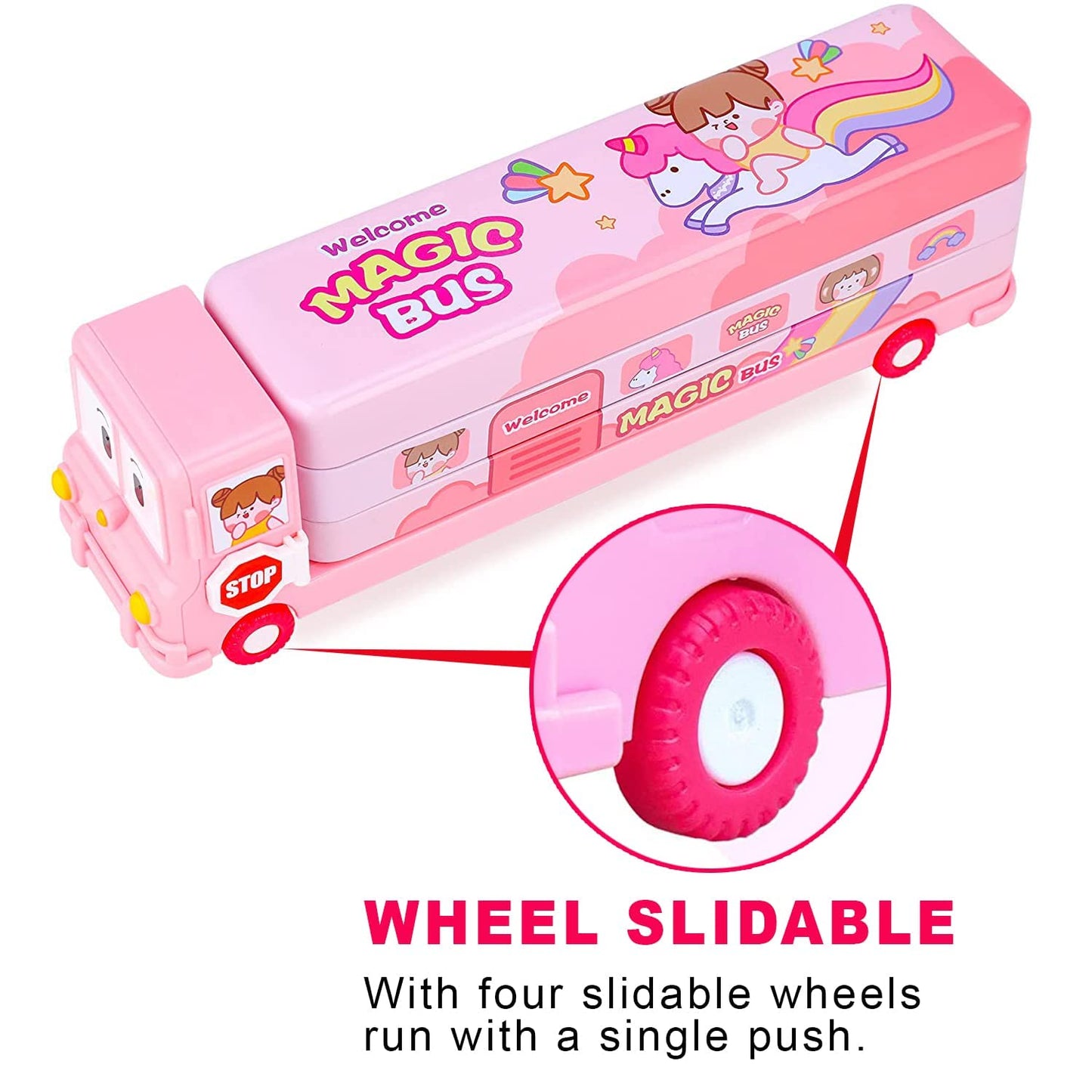 Metal Double Decker Magic Bus Shape Pencil Box for Kids with Moving Tyres & 3 Compartments