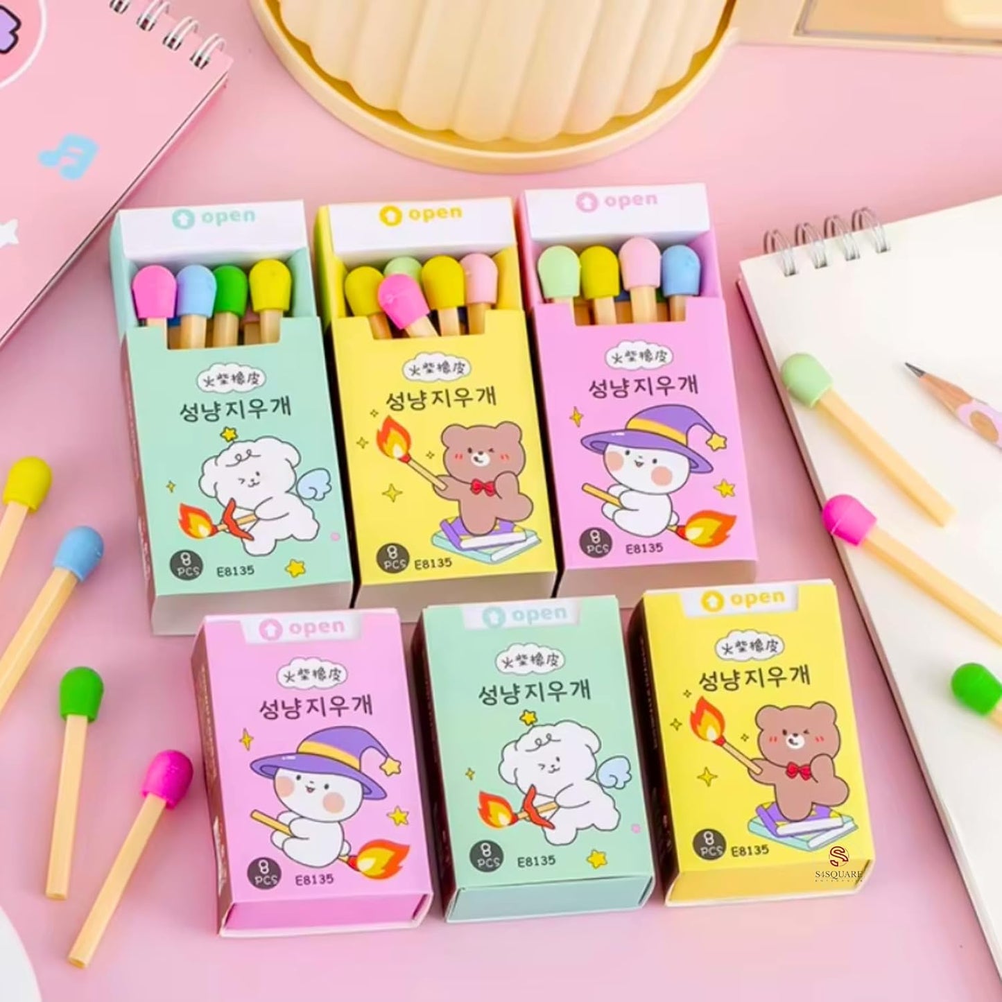 8 Pcs Multi-Coloured Fluorescent Non Dust Matchstick Style Erasers for Kids