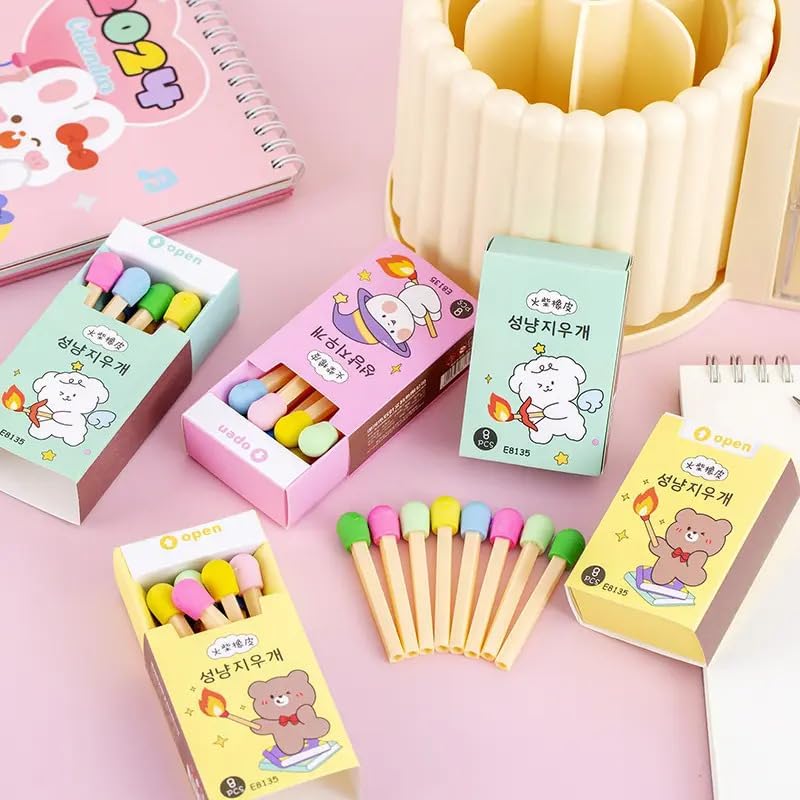 8 Pcs Multi-Coloured Fluorescent Non Dust Matchstick Style Erasers for Kids