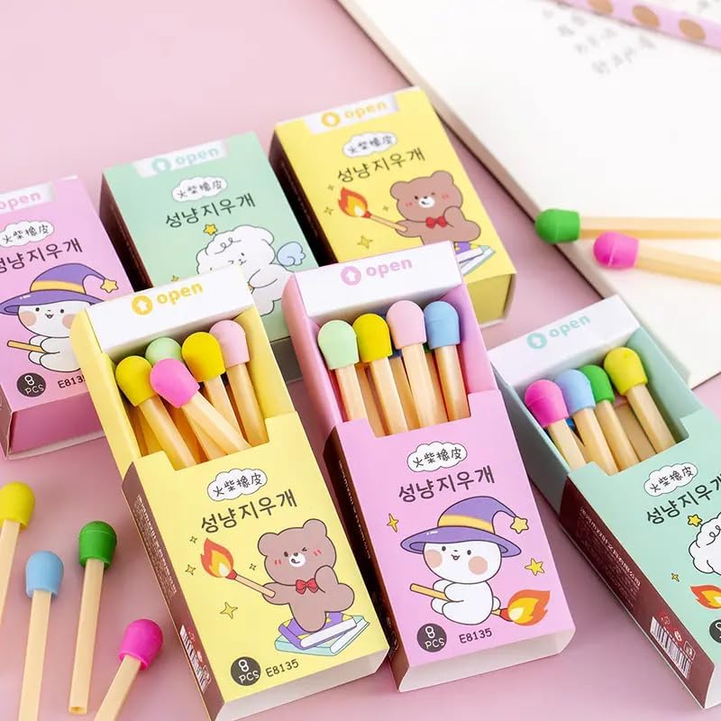 8 Pcs Multi-Coloured Fluorescent Non Dust Matchstick Style Erasers for Kids