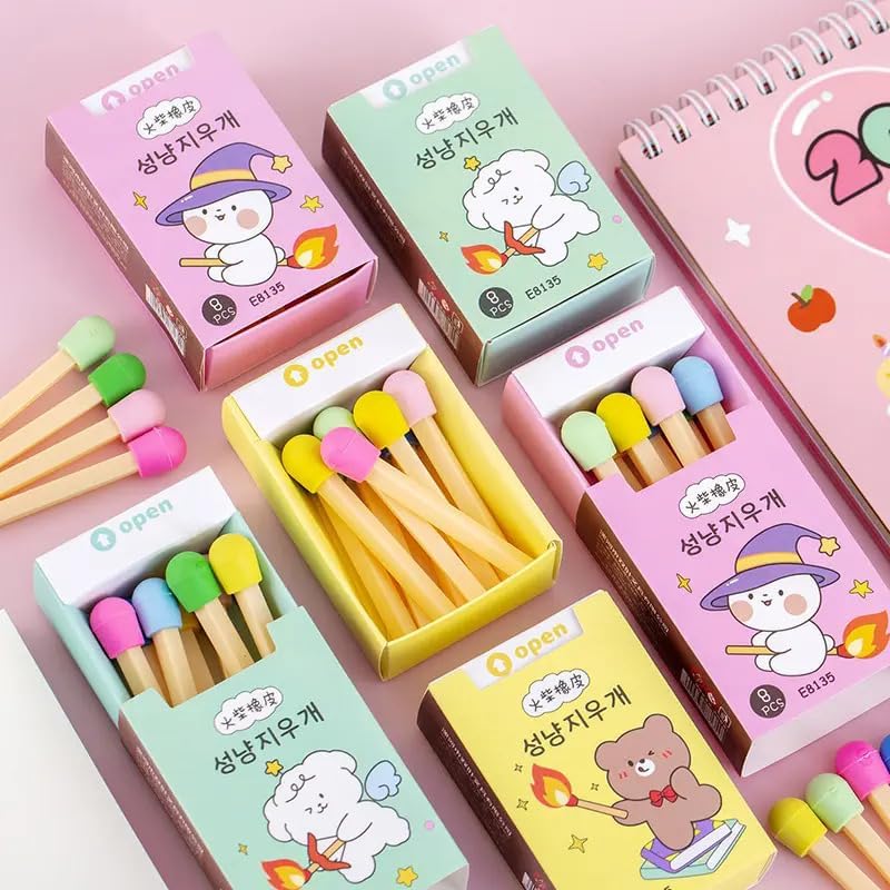8 Pcs Multi-Coloured Fluorescent Non Dust Matchstick Style Erasers for Kids