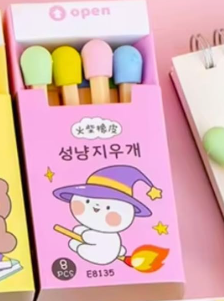 8 Pcs Multi-Coloured Fluorescent Non Dust Matchstick Style Erasers for Kids