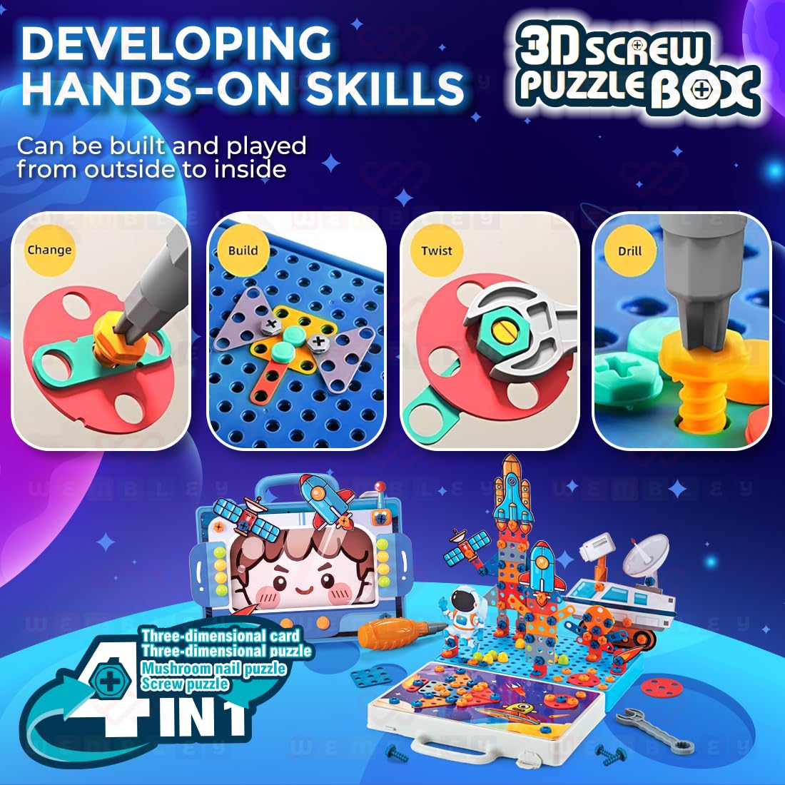 Space 3D Screw Puzzle Box, Drill Screw Tool Set, DIY Building Block Kit for Kids
