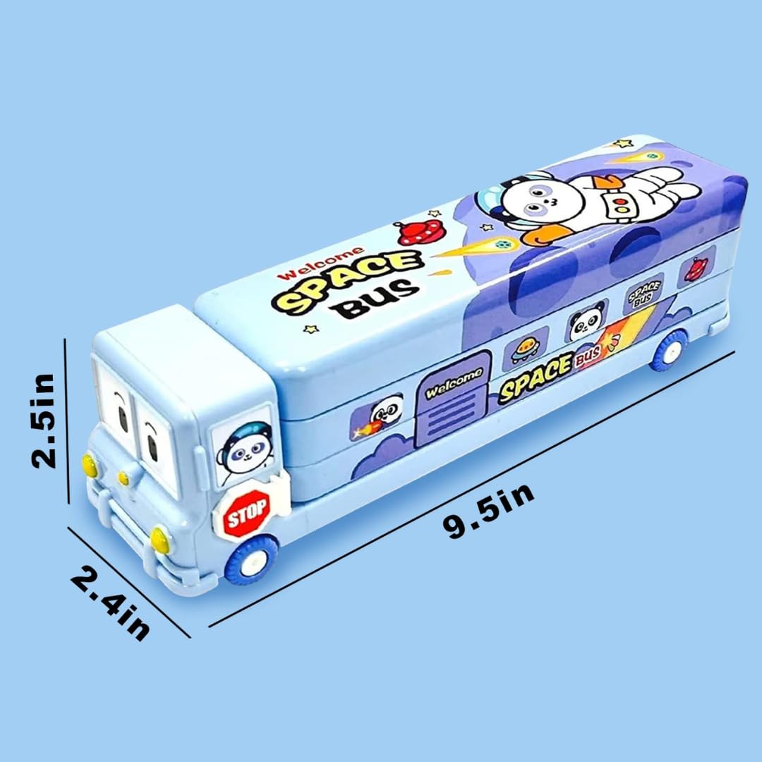 Metal Double Decker Space Bus Shape Pencil Box for Kids with Moving Tyres & 3 Compartments