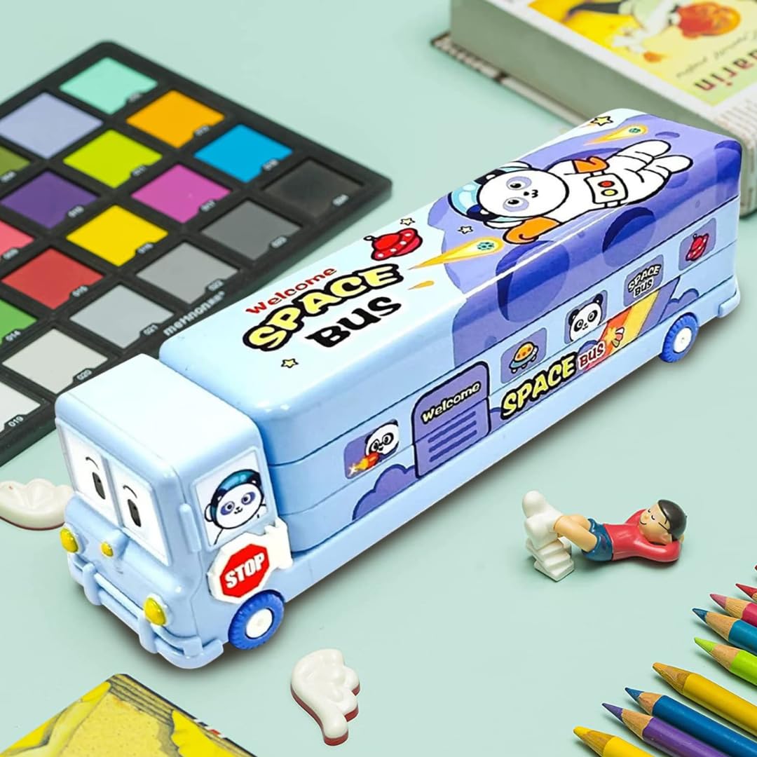 Metal Double Decker Space Bus Shape Pencil Box for Kids with Moving Tyres & 3 Compartments