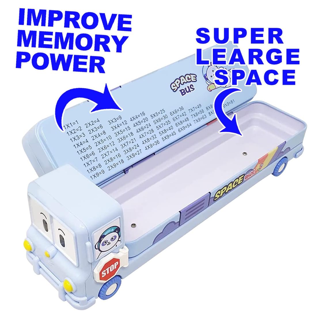 Metal Double Decker Space Bus Shape Pencil Box for Kids with Moving Tyres & 3 Compartments