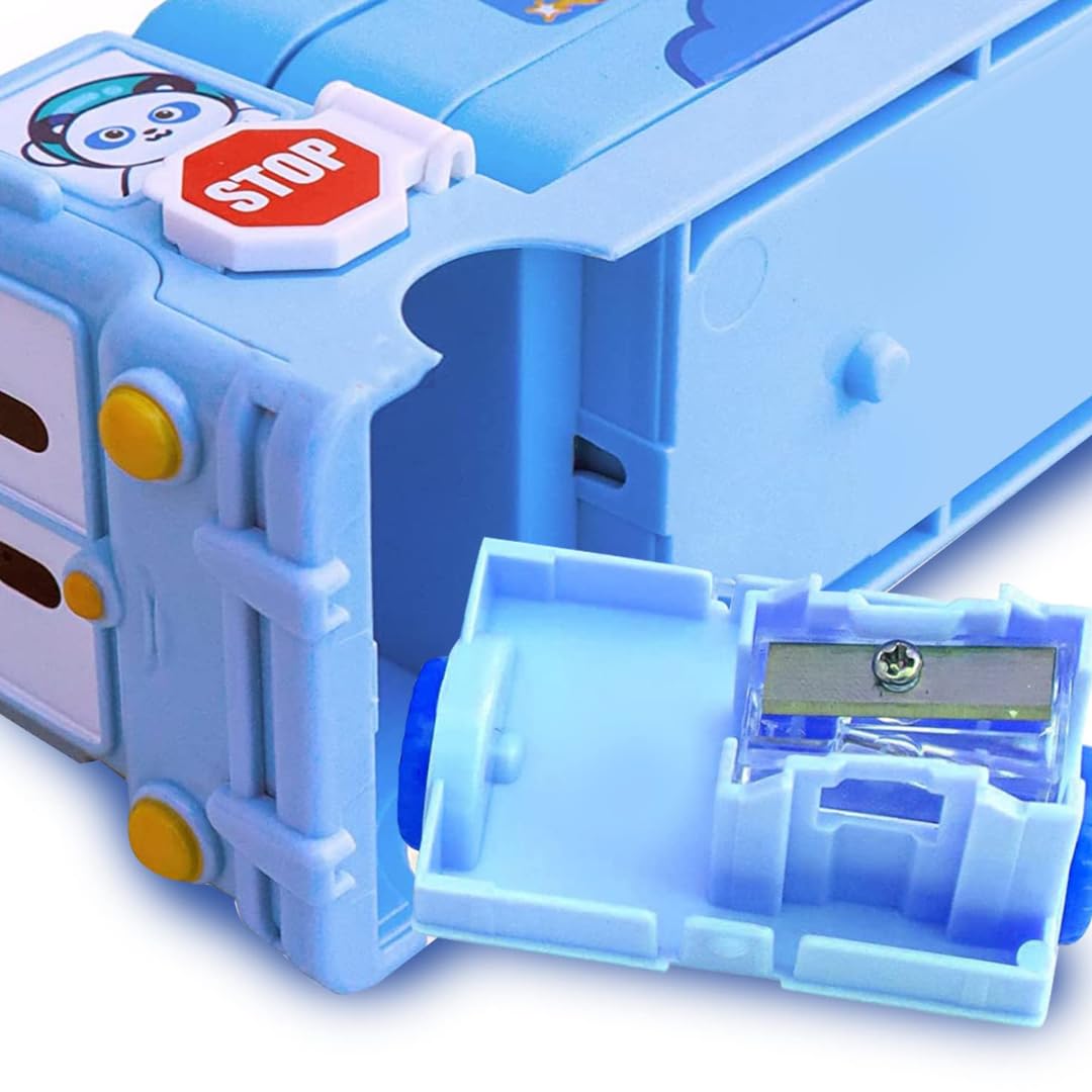 Metal Double Decker Space Bus Shape Pencil Box for Kids with Moving Tyres & 3 Compartments