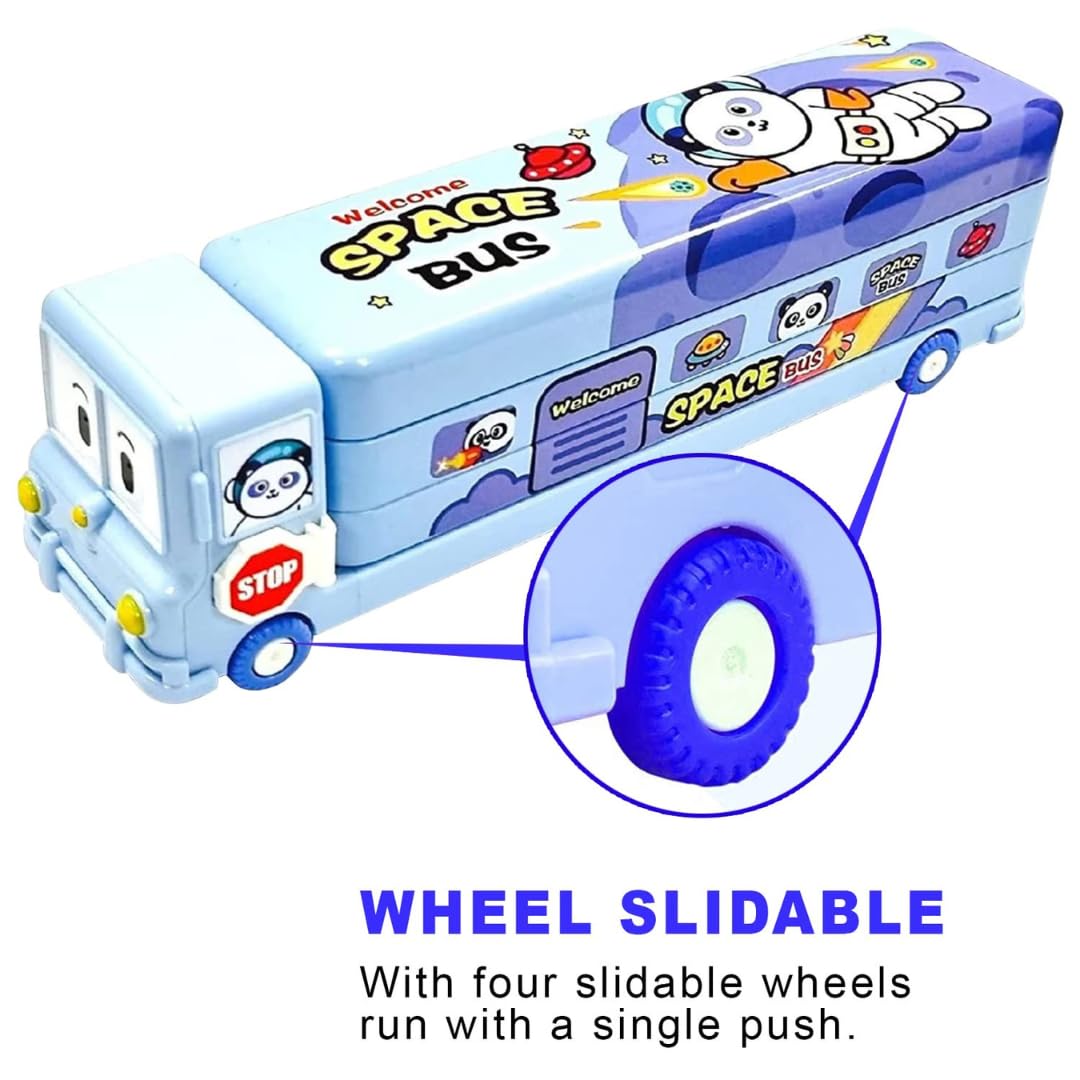 Metal Double Decker Space Bus Shape Pencil Box for Kids with Moving Tyres & 3 Compartments