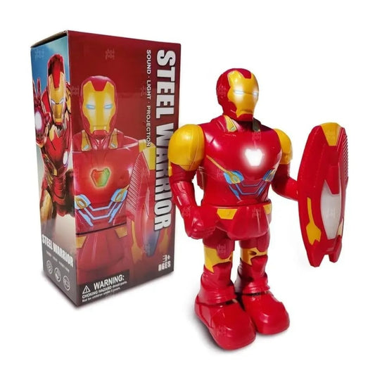 Ridhimani Steel Warrior Iron Man Superhero Walking Action Figure Toy with Shield | Sound, Light & Projection for Kids Boys