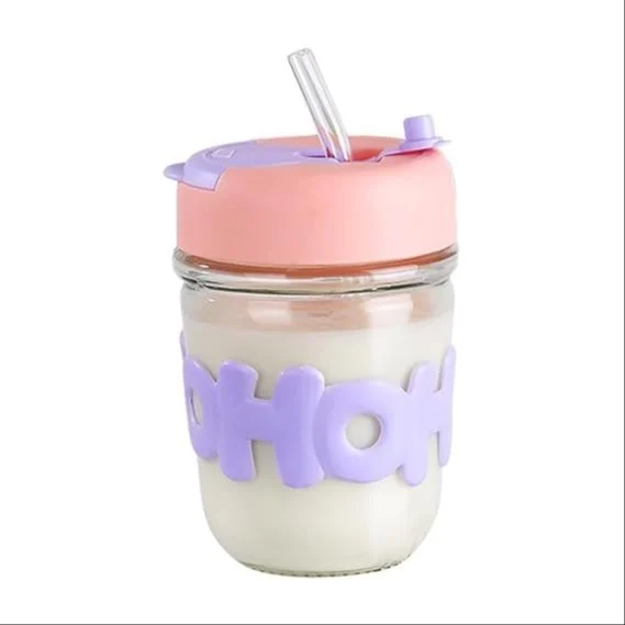 Oho HoHo Reusable Coffee Glass Mug Tumbler Sipper with Lid & Straw
