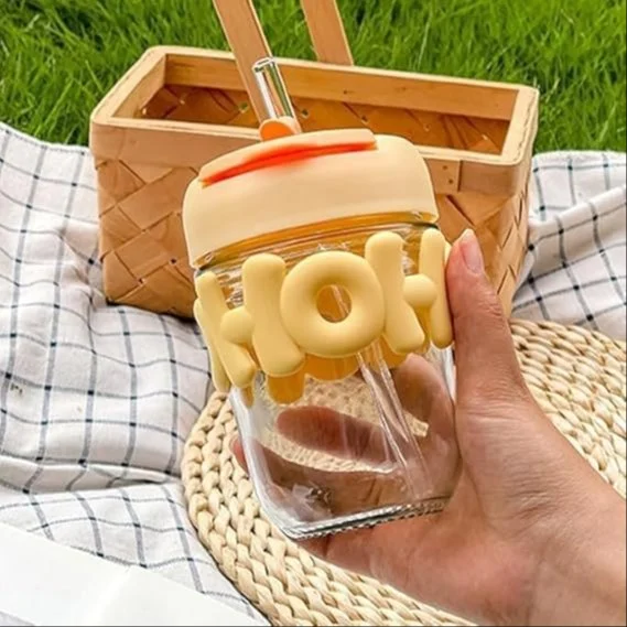 Oho HoHo Reusable Coffee Glass Mug Tumbler Sipper with Lid & Straw