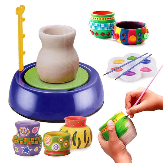My First Pottery Set for Kids, Battery Operated Pottery Wheel & Painting Kit Playset for Beginners with Modeling Clay