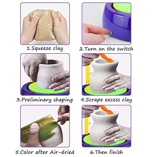 My First Pottery Set for Kids, Battery Operated Pottery Wheel & Painting Kit Playset for Beginners with Modeling Clay