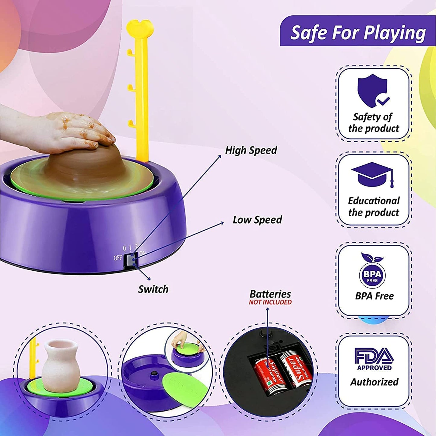 My First Pottery Set for Kids, Battery Operated Pottery Wheel & Painting Kit Playset for Beginners with Modeling Clay