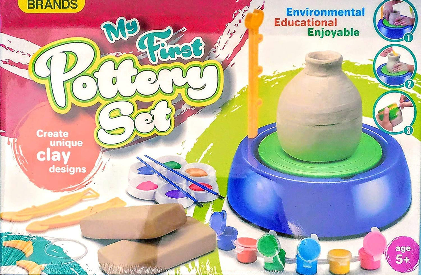 My First Pottery Set for Kids, Battery Operated Pottery Wheel & Painting Kit Playset for Beginners with Modeling Clay