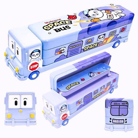 Metal Double Decker Space Bus Shape Pencil Box for Kids with Moving Tyres & 3 Compartments