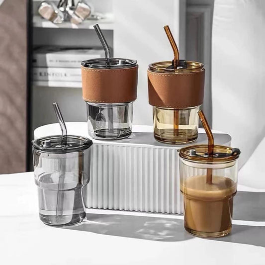 Glass Tumbler with Lid and Straw with Stylish Band
