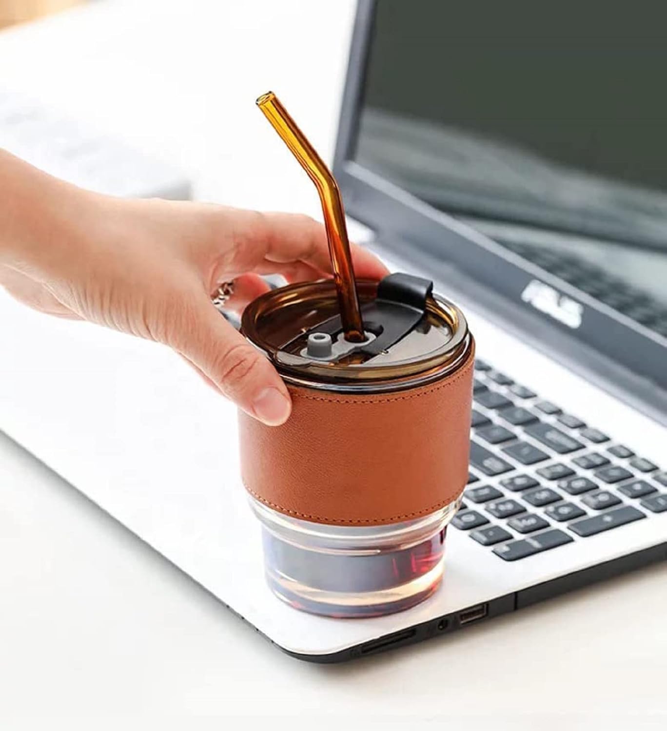 Glass Tumbler with Lid and Straw with Stylish Band